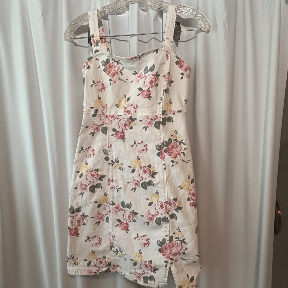 Hollister California Off White Pink Floral Sleeveless Denim Sun Dress Size XS